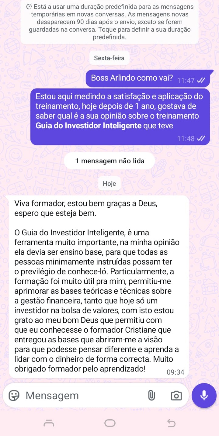 Depoimento de aluno no WhatsApp